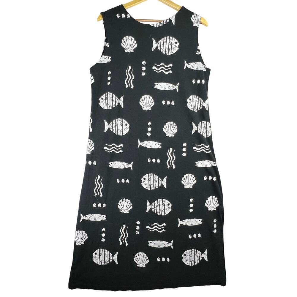 Vintage L All Over Ocean Fish Print Black and White Batik Tank Dress Beach